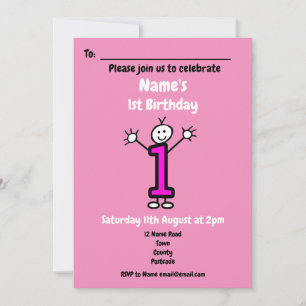 Cute Tecknad Flicka Första födelsedag Rosa Party Inbjudningar