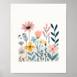 Cute Tecknad Flowers Watercolor Blommigt Hand Draw Poster