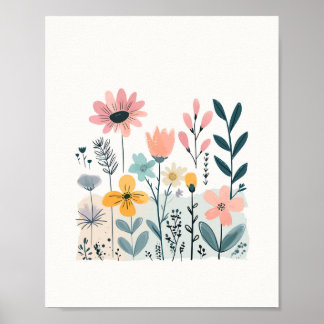 Cute Tecknad Flowers Watercolor Blommigt Hand Draw Poster