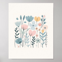 Cute Tecknad Flowers Watercolor Blommigt Hand Draw Poster