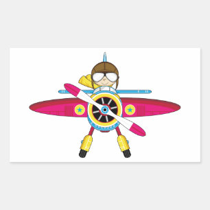 Cute Tecknad Flygplan och Pilot Rektangulärt Klistermärke