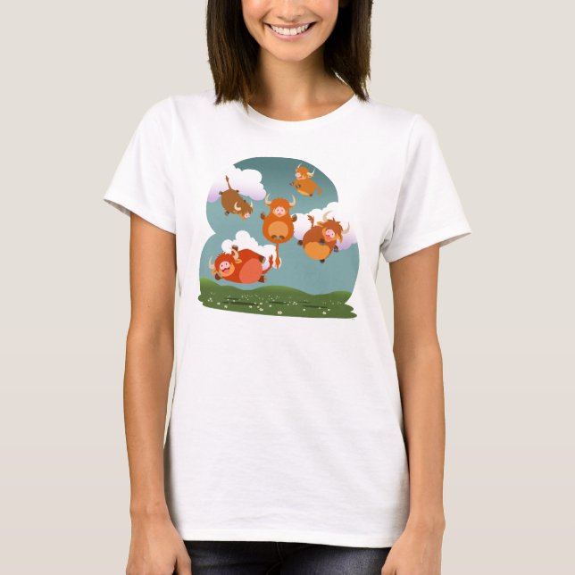 Cute-Tecknad Flytande höglandet Cows Women T-Shirt (Framsida)
