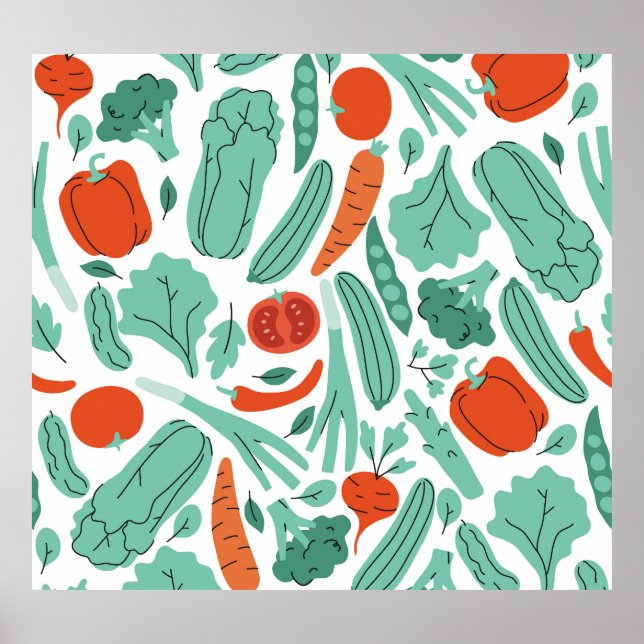 Cute Tecknad Food: Vibrant Vegetables Mönster Poster (Framsidan)