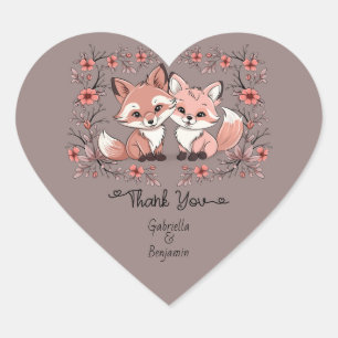 Cute Tecknad Fox Älskare Alla hjärtans dag Tack Hjärtformat Klistermärke