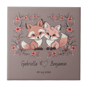 Cute Tecknad Fox Älskare Heart Valentine Day Kakelplatta