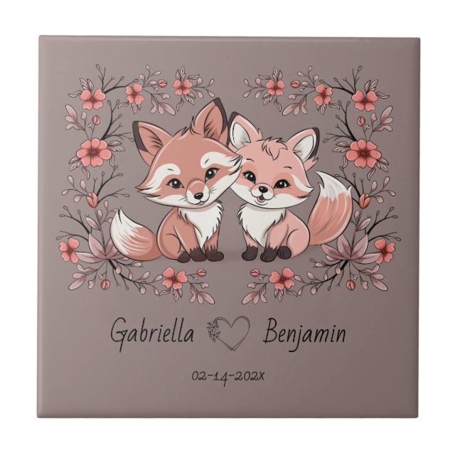 Cute Tecknad Fox Älskare Heart Valentine Day Kakelplatta (Framsidan)