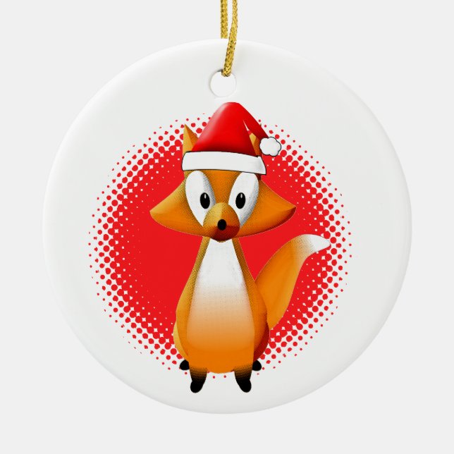 Cute Tecknad Fox animal with Santas hat Red Julgransprydnad Keramik (Framsidan)