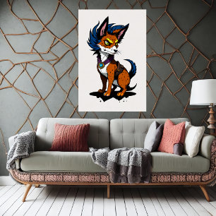 Cute Tecknad Fox med blått hår AI Art Poster