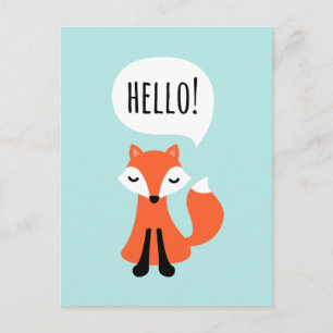 Cute tecknad fox på blå bakgrund som säger hej vykort