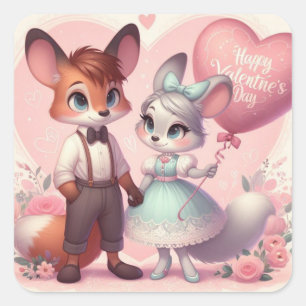 Cute tecknad foxes Alla hjärtans dag Fyrkantigt Klistermärke