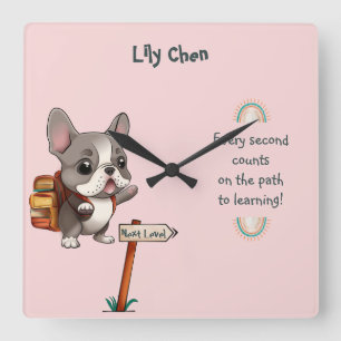 Cute Tecknad Fransk Bulldog Back to school student Fyrkantig Klocka