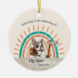 Cute Tecknad Fransk Bulldog Back to school student Julgransprydnad Keramik