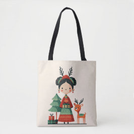 Cute Tecknad Frida Kahlo Retro Minimalist Julafton Tygkasse