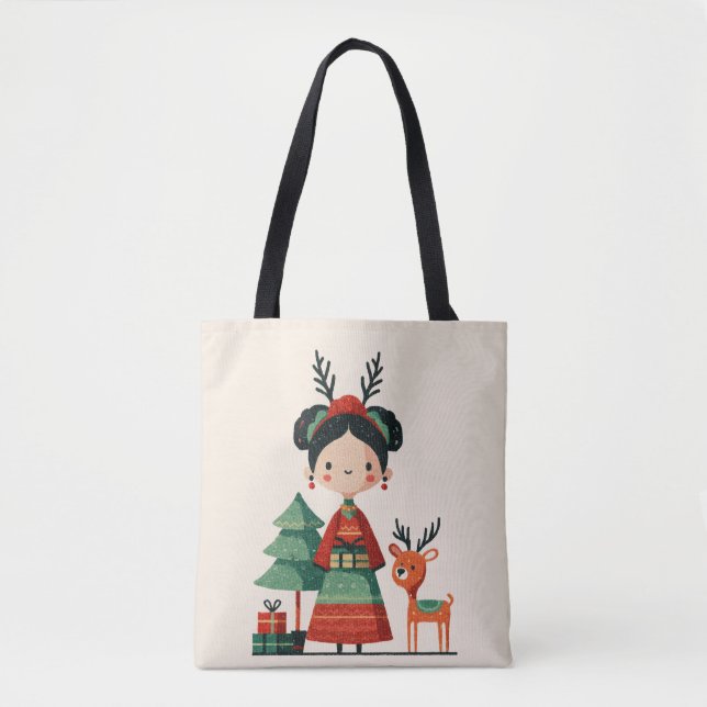 Cute Tecknad Frida Kahlo Retro Minimalist Julafton Tygkasse (Framsida)