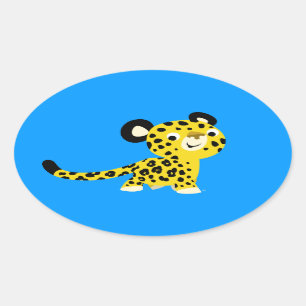 Cute Tecknad Friendly Leopard Oval Sticker Ovalt Klistermärke