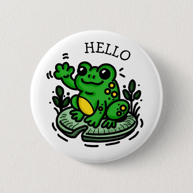 Cute Tecknad Frog på Lily Pad som säger Hej Knapp (Framsida)