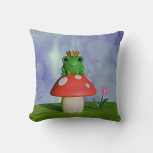 Cute Tecknad Frog Wearing a Krona on a Mushroom Kudde