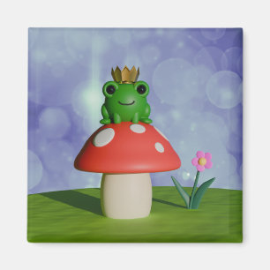 Cute Tecknad Frog Wearing a Krona on a Mushroom Magnet