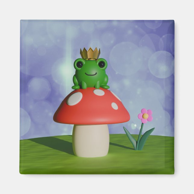 Cute Tecknad Frog Wearing a Krona on a Mushroom Magnet (Framsidan)
