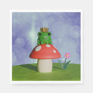 Cute Tecknad Frog Wearing a Krona on a Mushroom Pappersservett