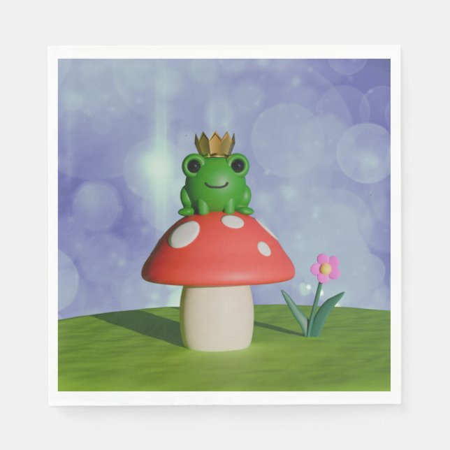 Cute Tecknad Frog Wearing a Krona on a Mushroom Pappersservett (Framsidan)