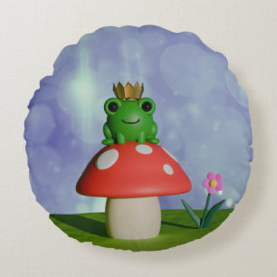 Cute Tecknad Frog Wearing a Krona on a Mushroom Rund Kudde