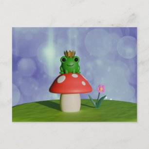 Cute Tecknad Frog Wearing a Krona on a Mushroom Vykort