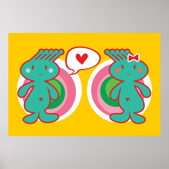 Cute Tecknad Funky Grönt Alien Boy & Girl Couple Poster (Framsidan)