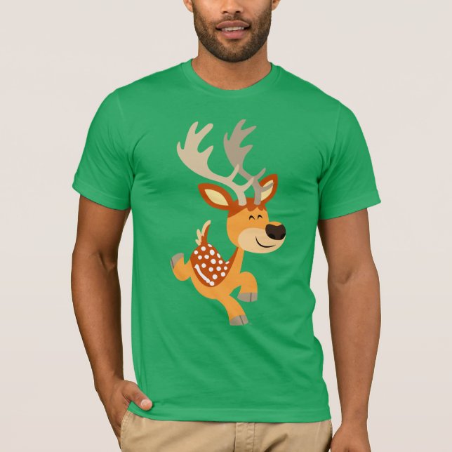 Cute Tecknad Gamboling Fallow Hjort T-Shirt (Framsida)