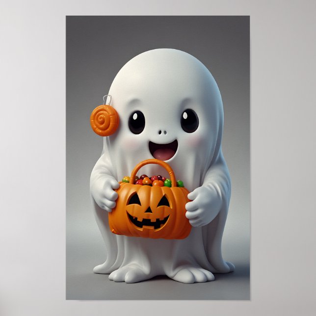 Cute Tecknad Ghost Holding a Trick eller Treat Bag Poster (Framsidan)