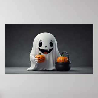 Cute Tecknad Ghost Holding a Trick or Treat Bag Poster