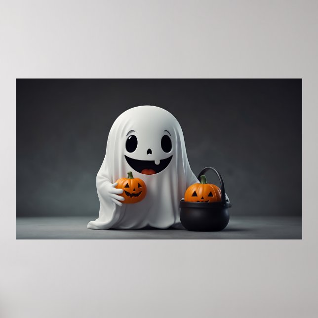 Cute Tecknad Ghost Holding a Trick or Treat Bag Poster (Framsidan)