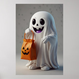 Cute Tecknad Ghost Holding a Trick or Treat Bag Poster