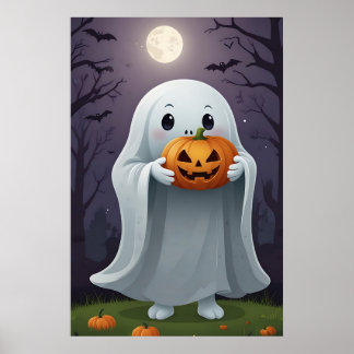 Cute Tecknad Ghost Holding a Trick or Treat Bag Poster