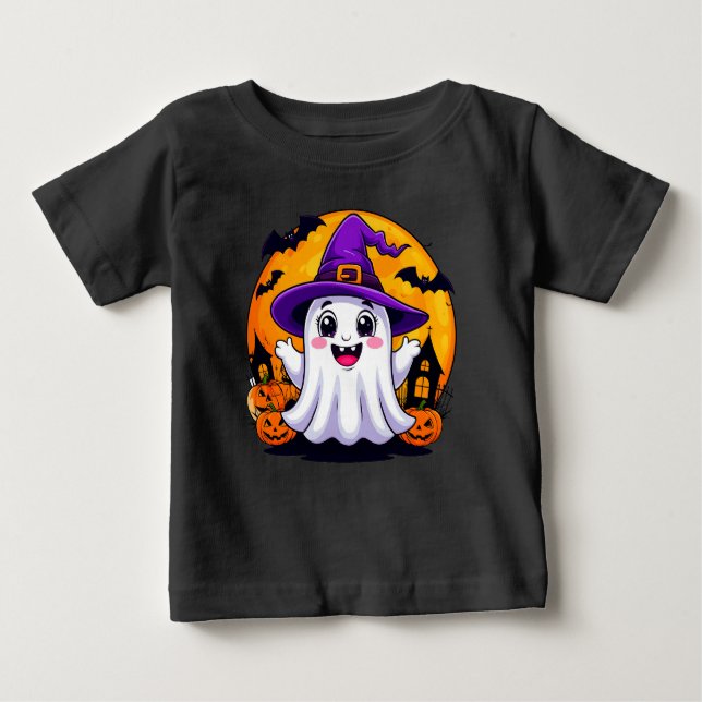 Cute Tecknad Ghost in Witch Hat with Pumpkins T Shirt (Framsida)