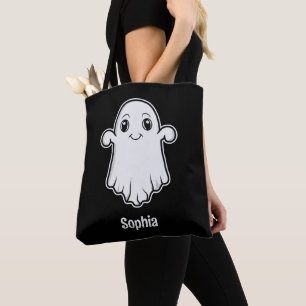 Cute Tecknad Ghost med eget namn White Black Tygkasse
