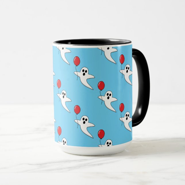 Cute Tecknad Ghost med Red Balloon Mönster Mugg (Framsida höger)