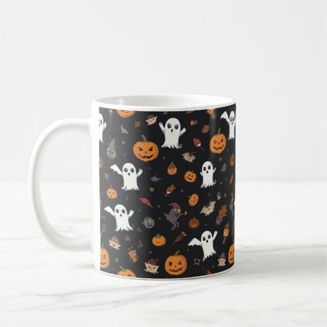 Cute Tecknad Ghost och Pumpkin Mönster Mugg | Lyck (Vänster)