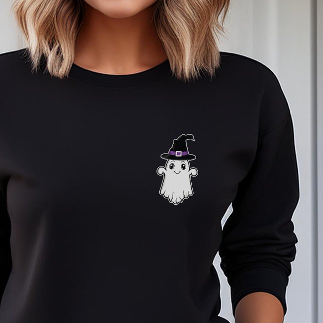 Cute Tecknad Ghost Spirit with Witch Hat Halloween T Shirt (Please note: This image is a digital mockup.)
