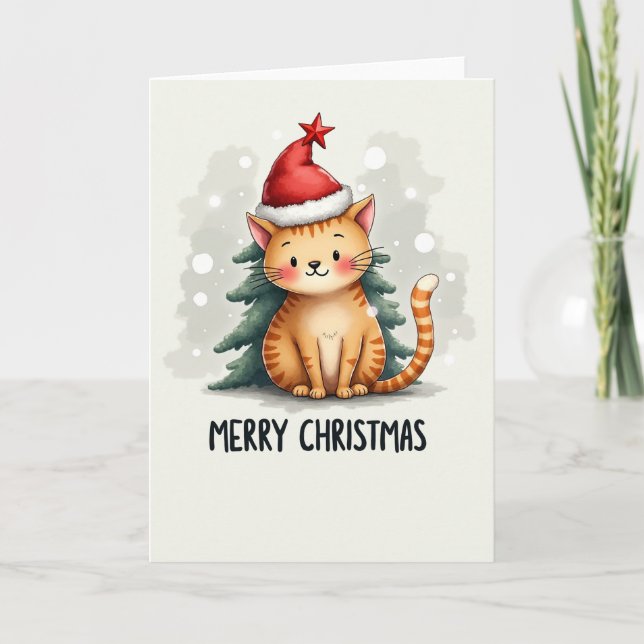 Cute Tecknad Ginger Cat i julklapp i Santa Hat Kort (Framsida)