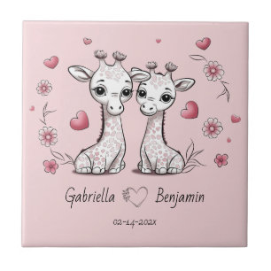 Cute Tecknad Giraffe Älskare Heart Valentindagen Kakelplatta