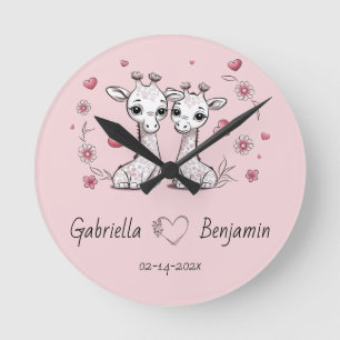 Cute Tecknad Giraffe Älskare Heart Valentindagen Rund Klocka