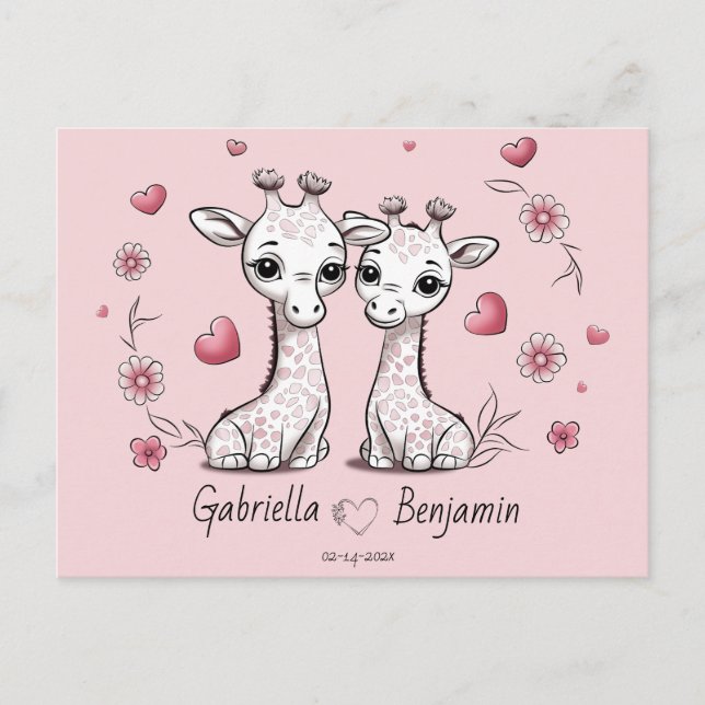 Cute Tecknad Giraffe Älskare Heart Valentindagen Vykort (Framsida)