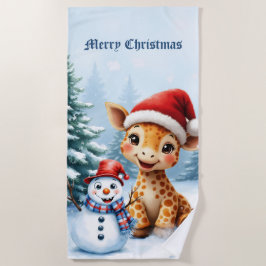 Cute Tecknad Giraffe med Santa Hat & Snögubbe