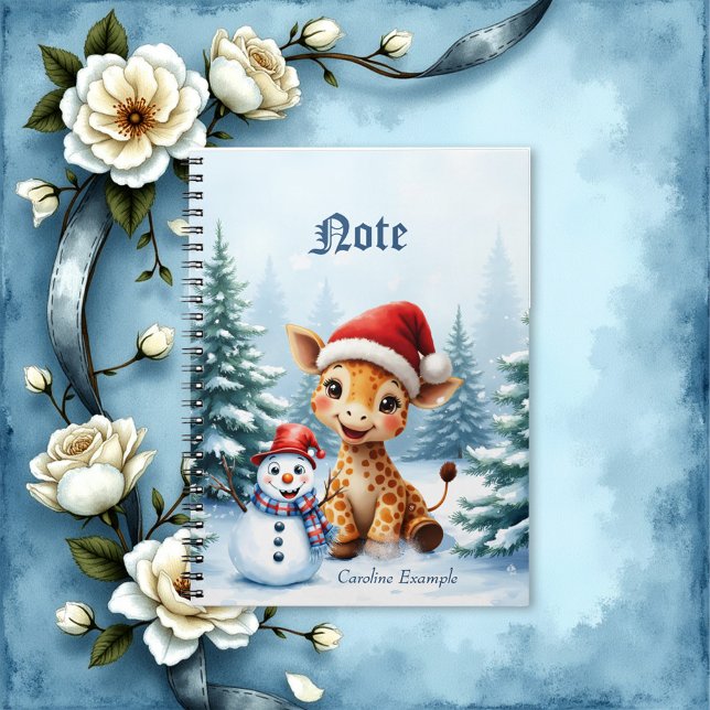 Cute Tecknad Giraffe med Santa Hat & Snögubbe Anteckningsbok (Skapare uppladdad)