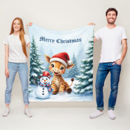Cute Tecknad Giraffe med Santa Hat & Snögubbe Fleecefilt