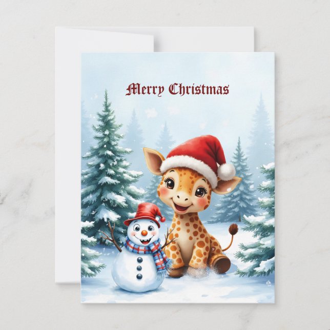 Cute Tecknad Giraffe med Santa Hat & Snögubbe Julkort (Framsida)