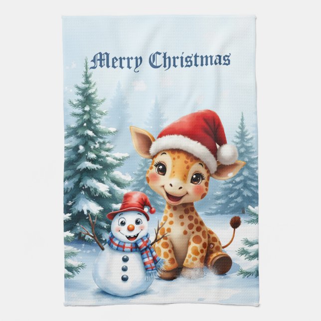 Cute Tecknad Giraffe med Santa Hat & Snögubbe Kökshandduk (Vertikal)
