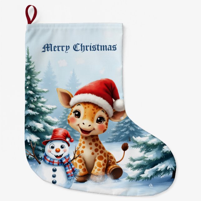Cute Tecknad Giraffe med Santa Hat & Snögubbe Stor Julstrumpa (Framsidan)