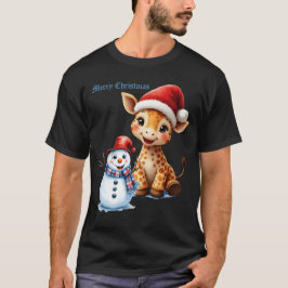 Cute Tecknad Giraffe med Santa Hat & Snögubbe T Shirt